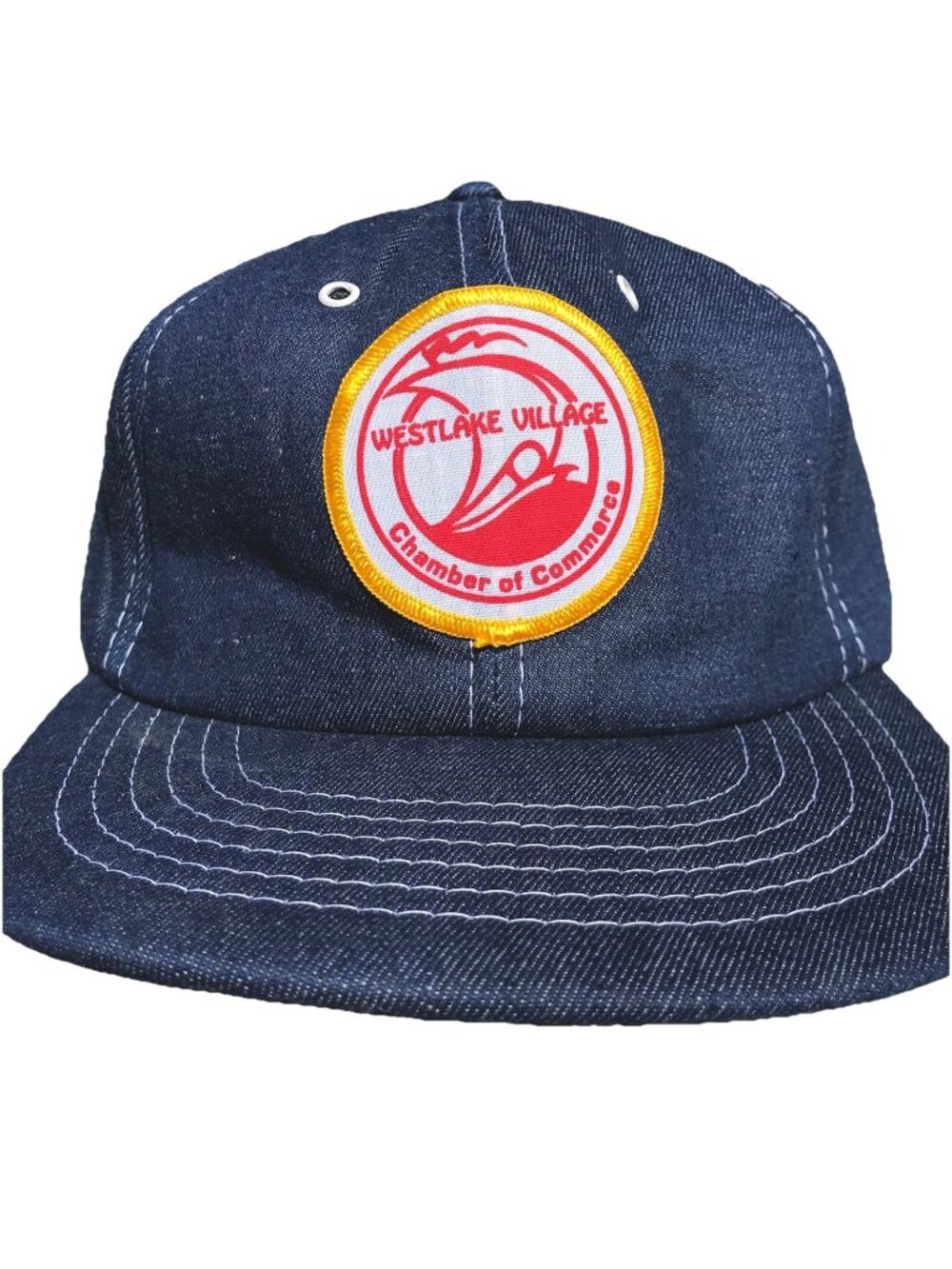 Vtg 80s Westlake Village Hat Chamber Commerce Denim Cap Trucker SnapBack Foam